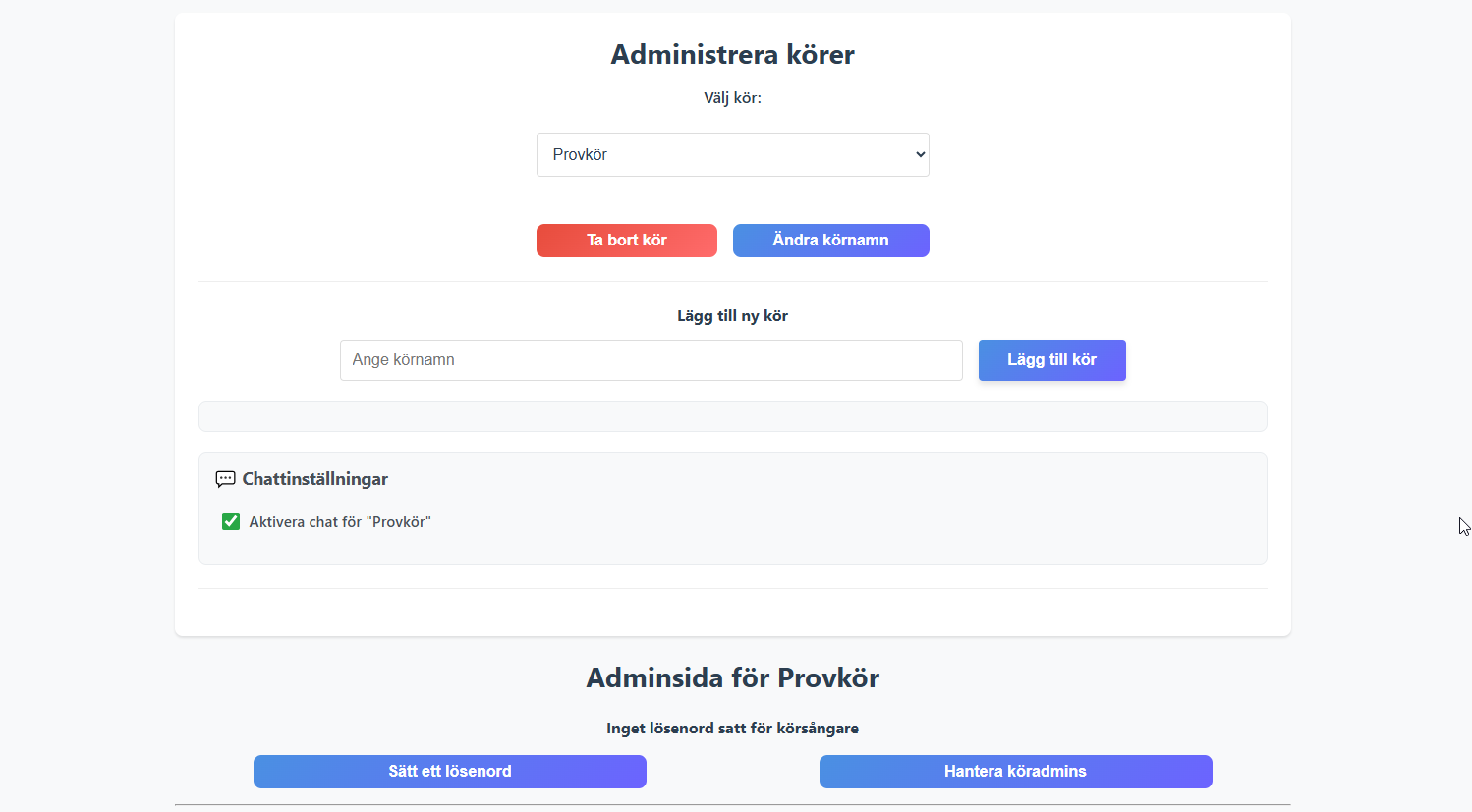 Skärmbild av adminsidan