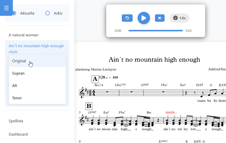 Skärmbild av övningssidan