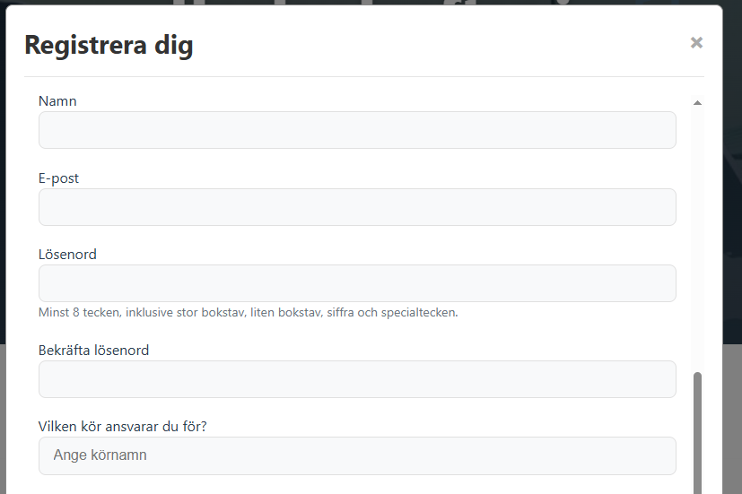 Skärmbild av registreringssidan